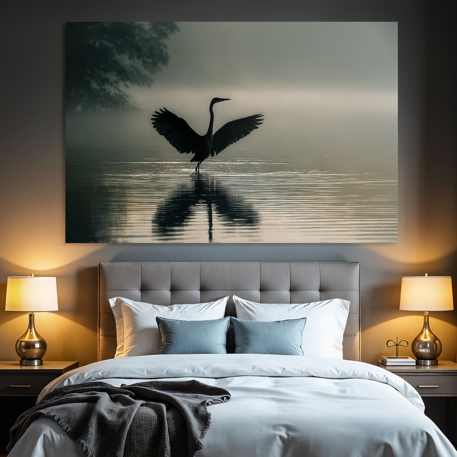 Heron Im Bis Und Die Reflexion Im Waßer Misty Szenen Ruhig Atmosphärisch
