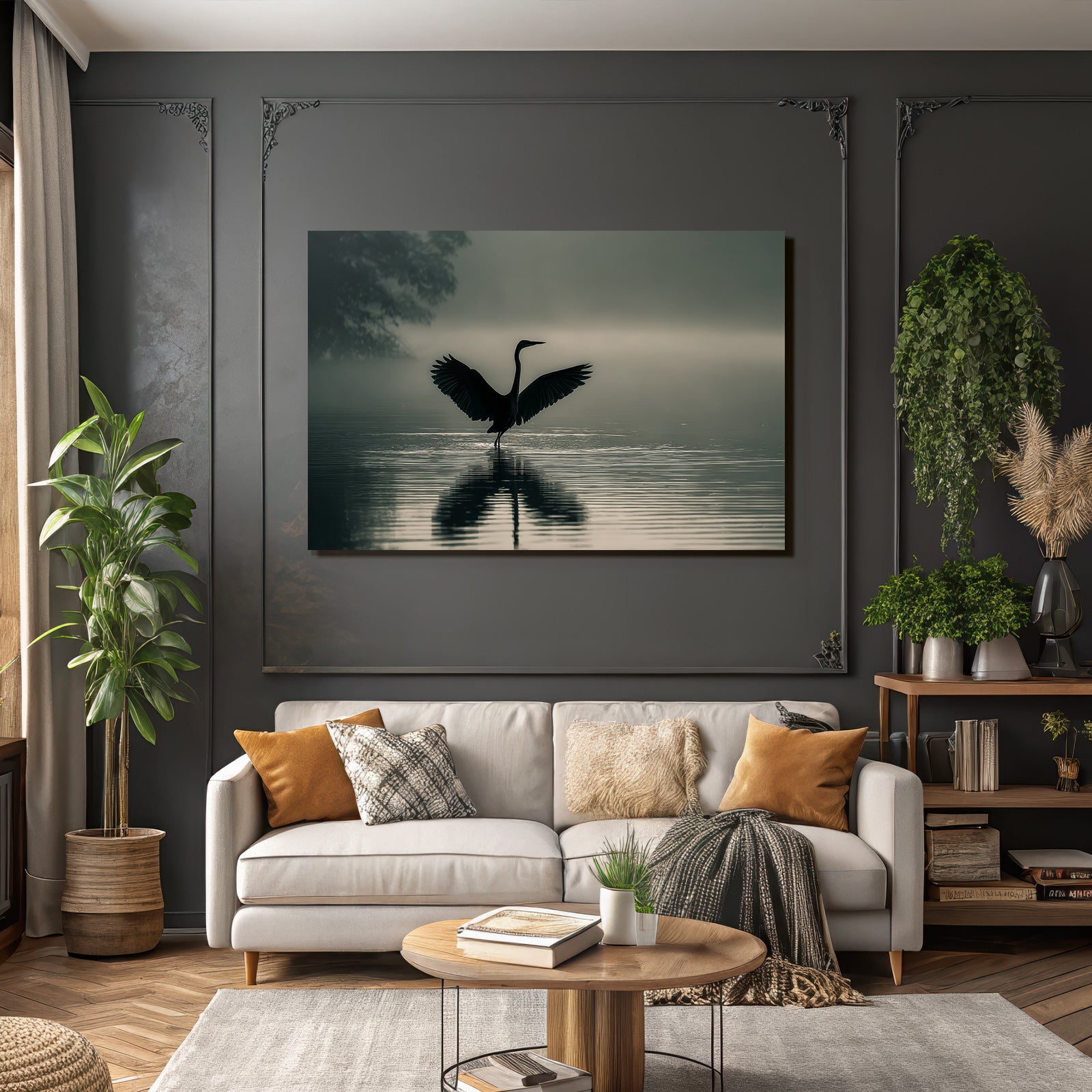 Heron Im Bis Und Die Reflexion Im Waßer Misty Szenen Ruhig Atmosphärisch