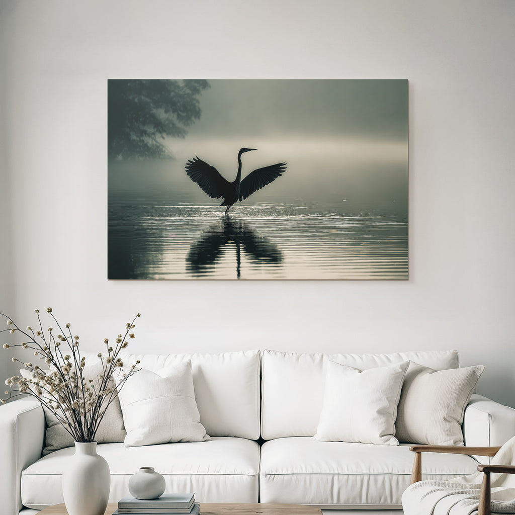 Heron Im Bis Und Die Reflexion Im Waßer Misty Szenen Ruhig Atmosphärisch