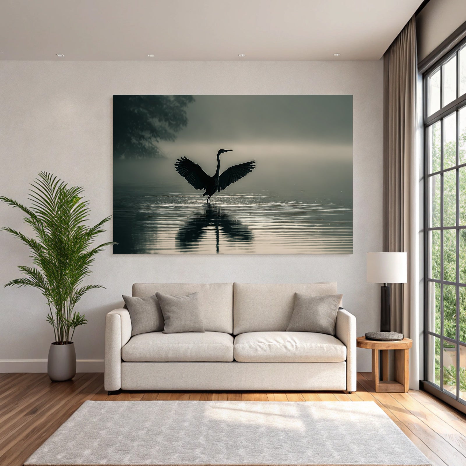 Heron Im Bis Und Die Reflexion Im Waßer Misty Szenen Ruhig Atmosphärisch