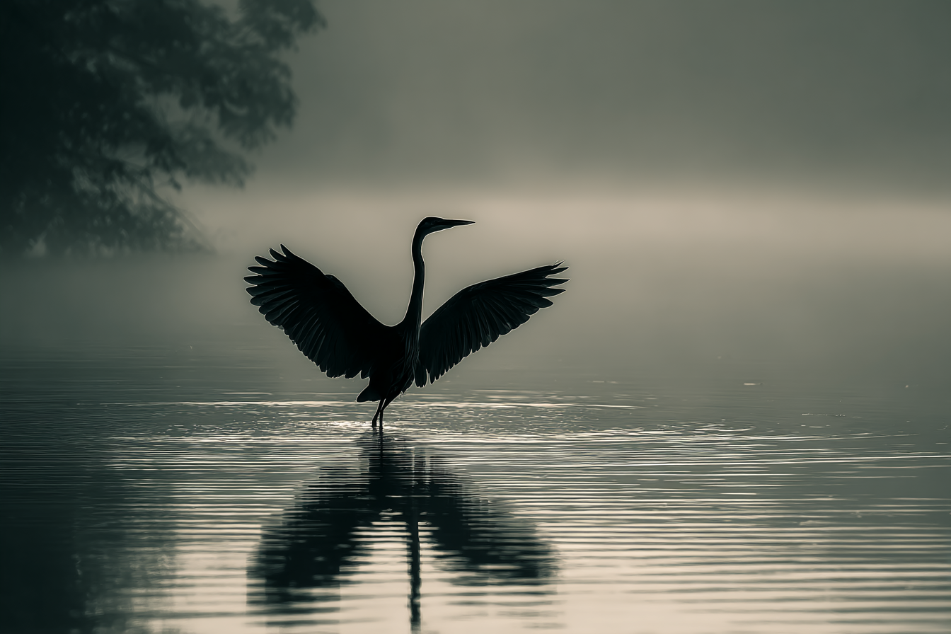 Heron Im Bis Und Die Reflexion Im Waßer Misty Szenen Ruhig Atmosphärisch | Fotografie | Kunstgattungen