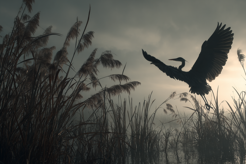 Heron Im Flug Über Dem Marschland Morgens Neblig Und Ruhig | Fotografie | Kunstgattungen