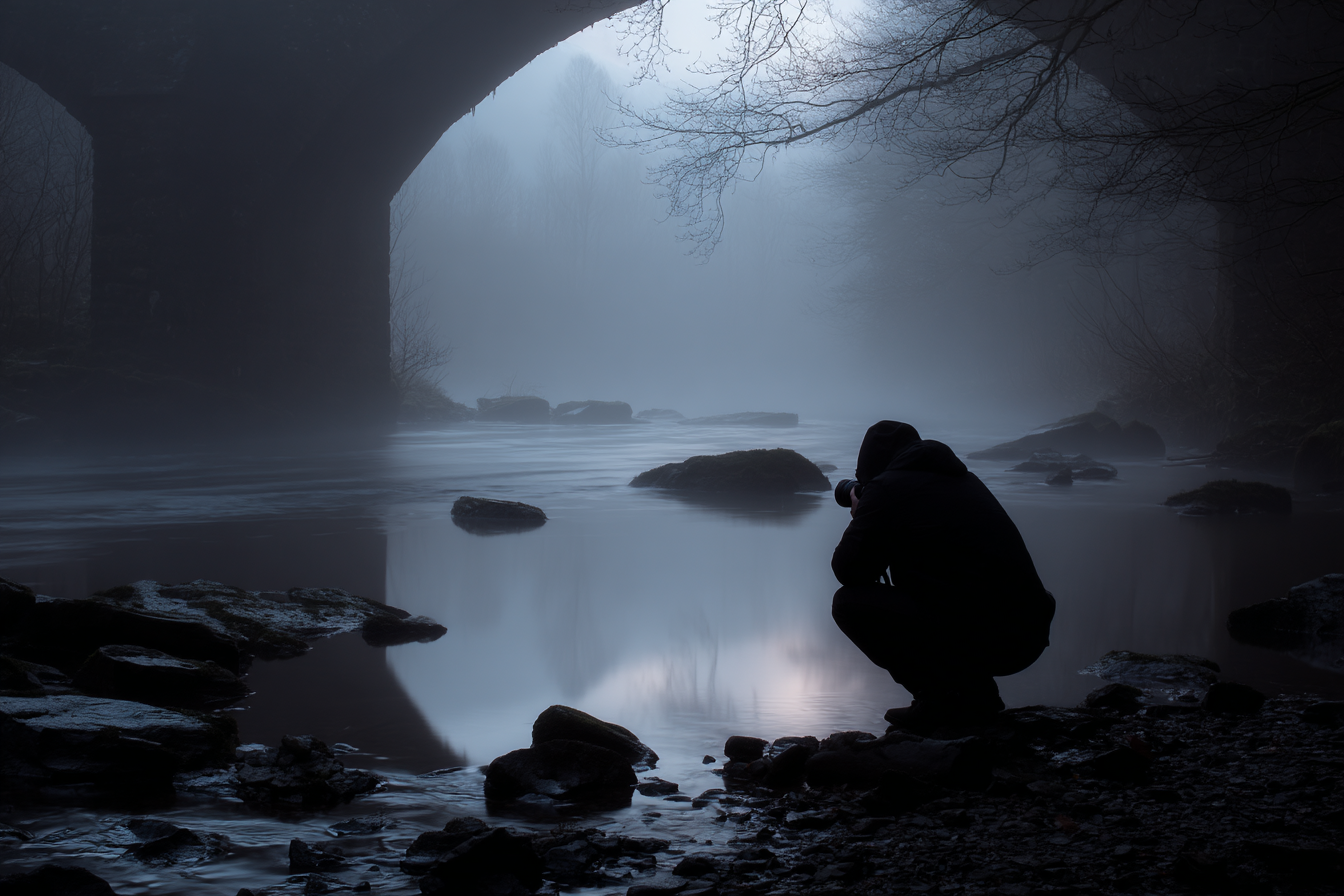 Mensch In Der Nähe Eines Nebligen Flußes Oder Sees Mit Brücke Im Hintergrund | Fotografie | Kunstgattungen