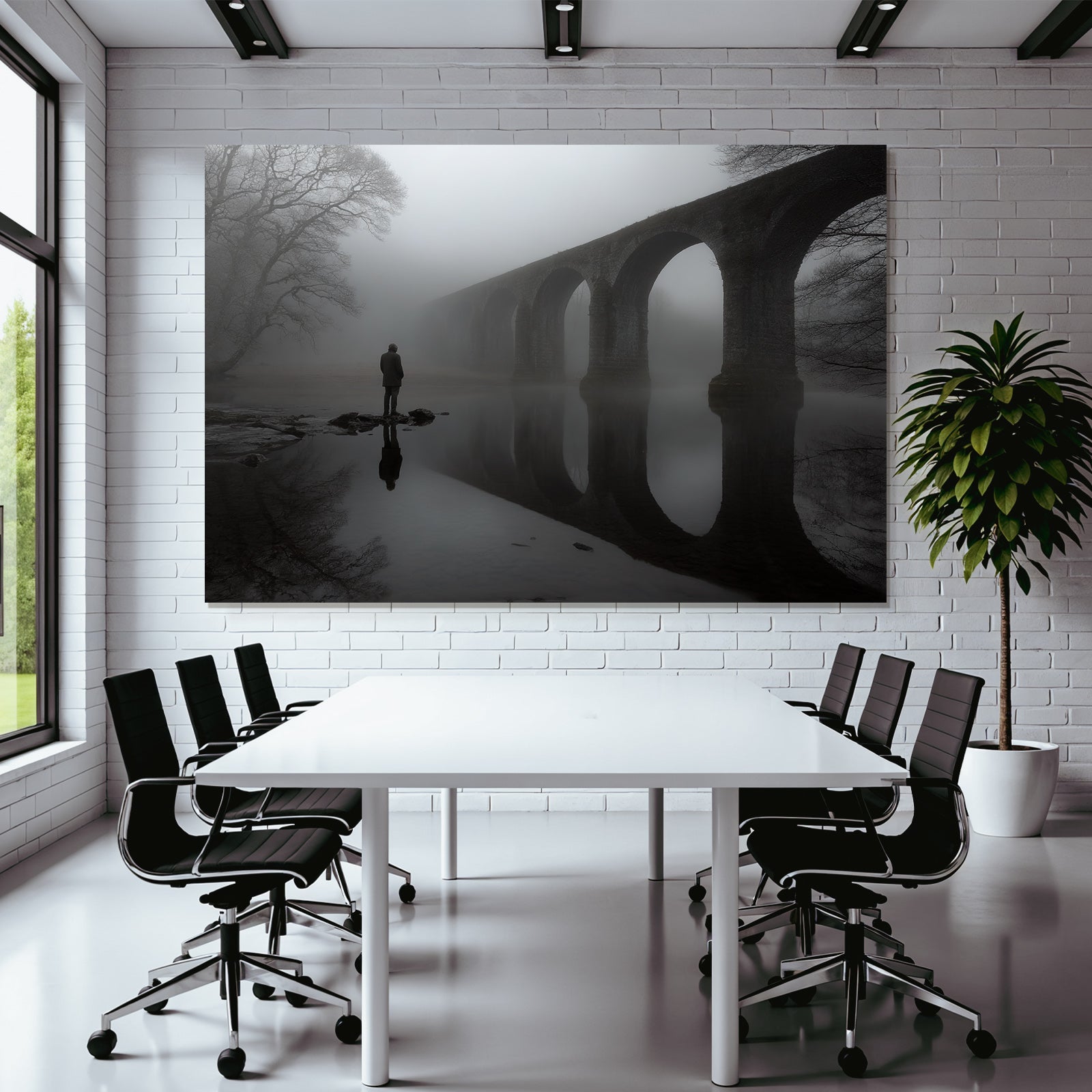 Mistige Bridge Spiegelung Ruhige Landscape