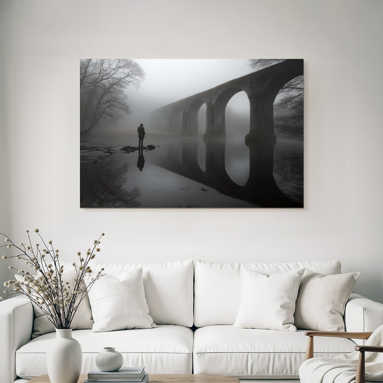 Mistige Bridge Spiegelung Ruhige Landscape
