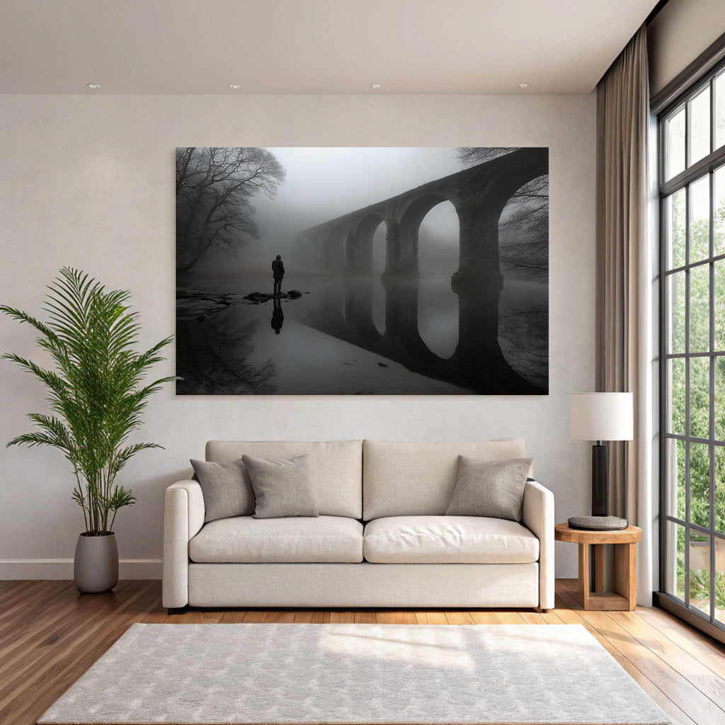 Mistige Bridge Spiegelung Ruhige Landscape