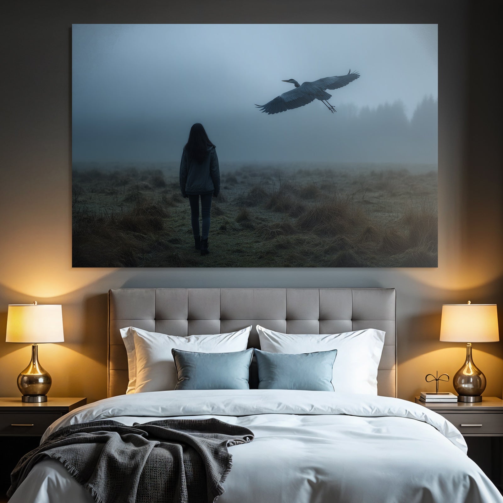 Neblige Landschaft Mit Heron Und Person In Stille