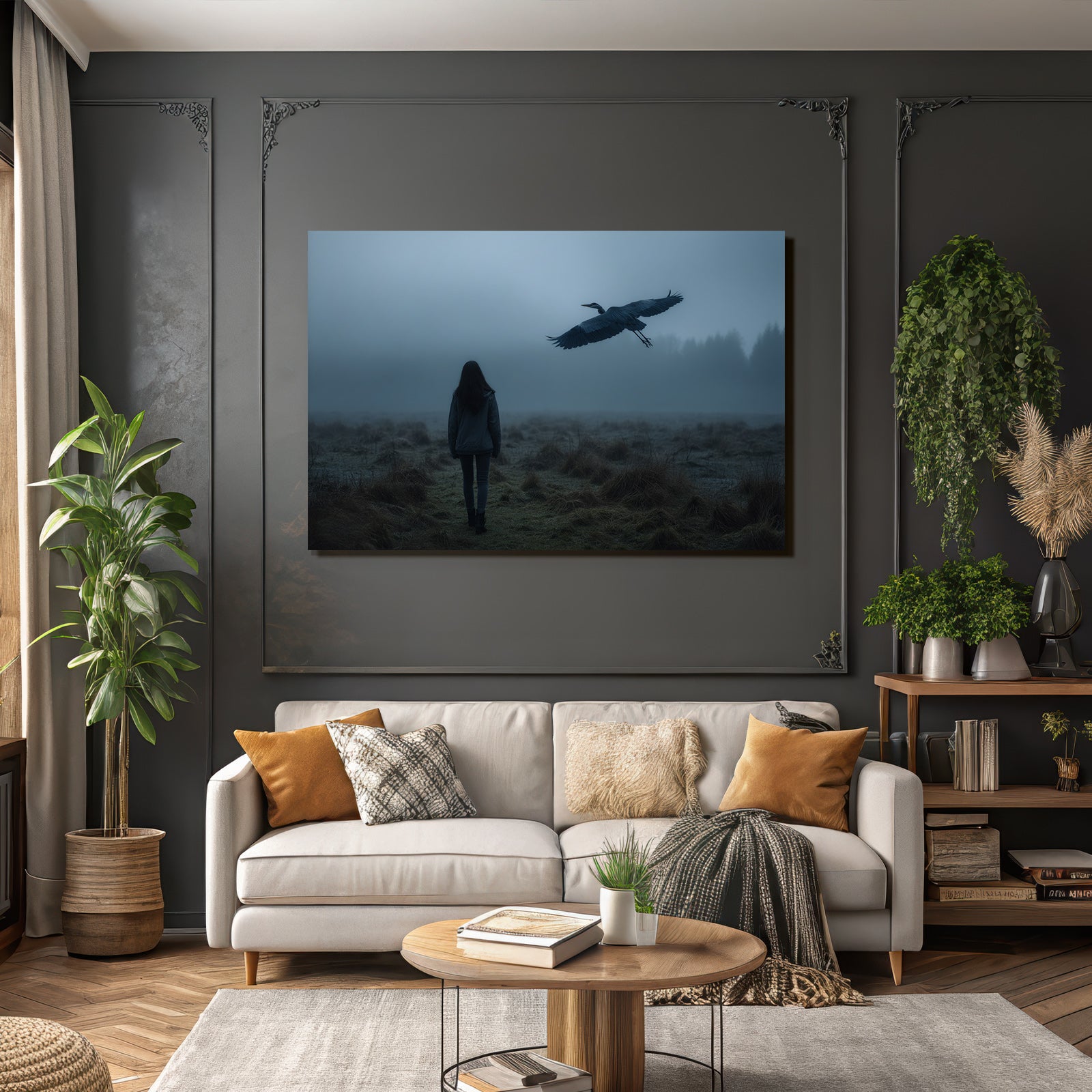 Neblige Landschaft Mit Heron Und Person In Stille
