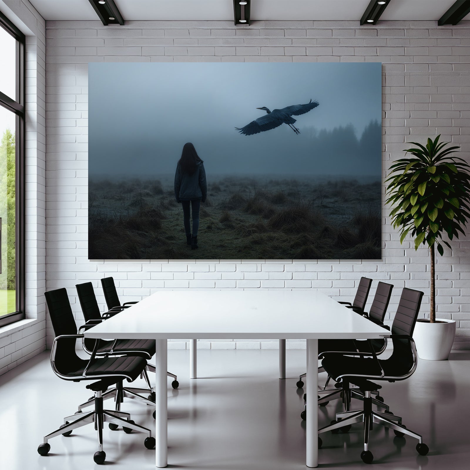 Neblige Landschaft Mit Heron Und Person In Stille