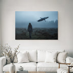 Neblige Landschaft Mit Heron Und Person In Stille