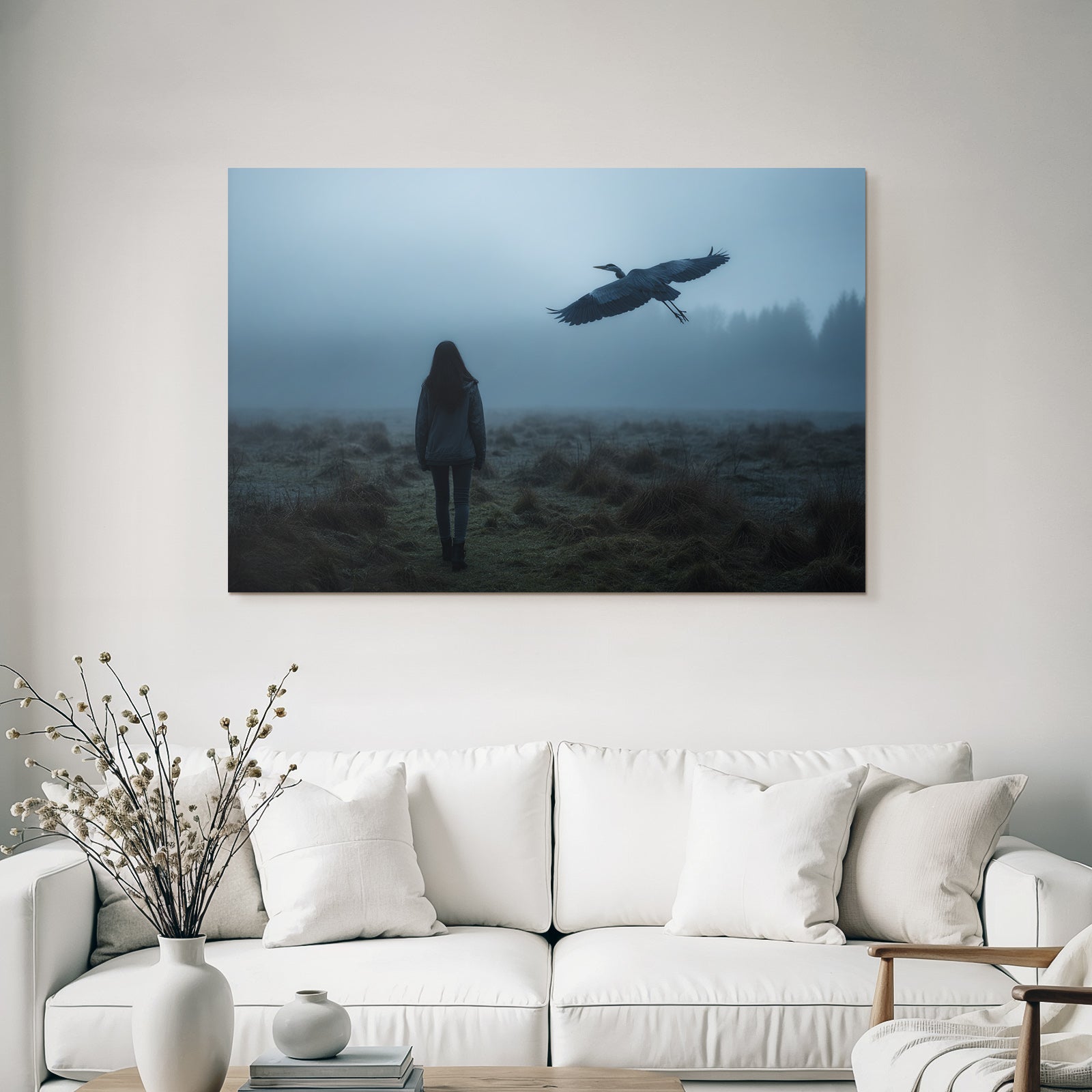 Neblige Landschaft Mit Heron Und Person In Stille