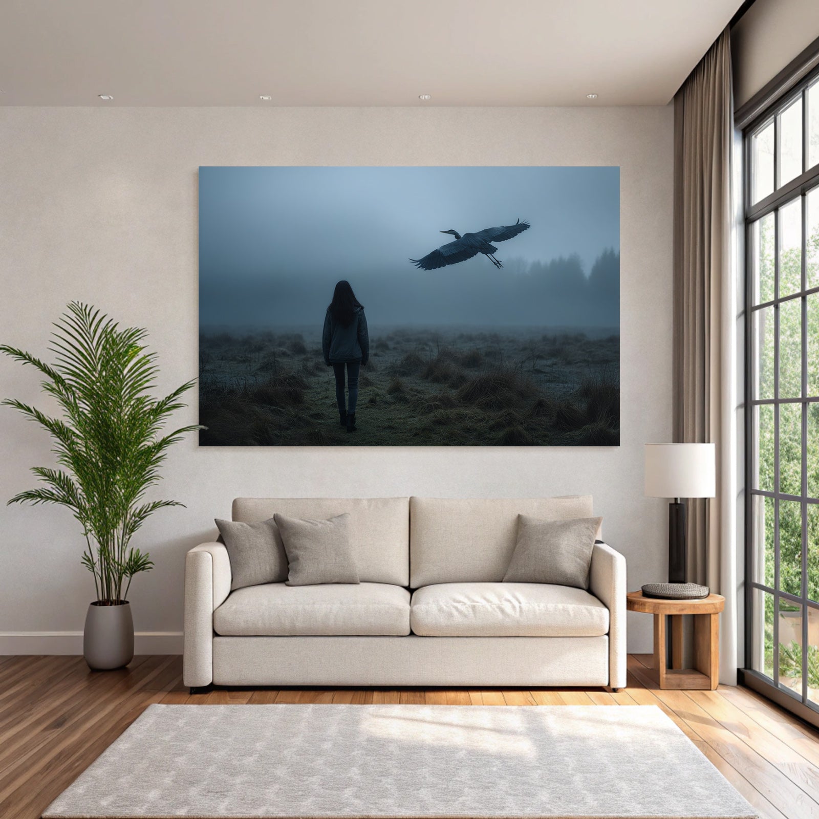 Neblige Landschaft Mit Heron Und Person In Stille