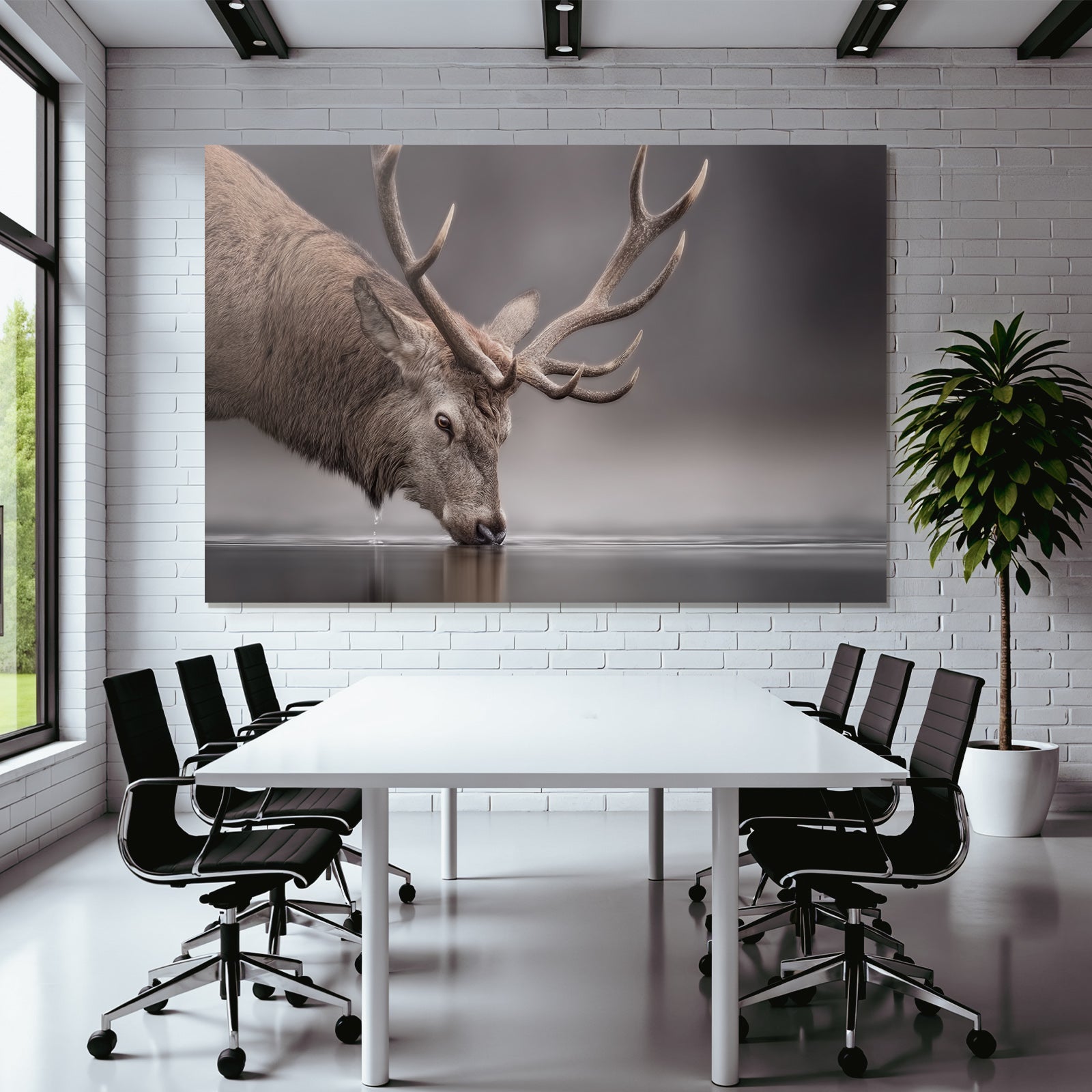Portrait Reh Trinkend Mit Geweih Hintergrund Unscharf
