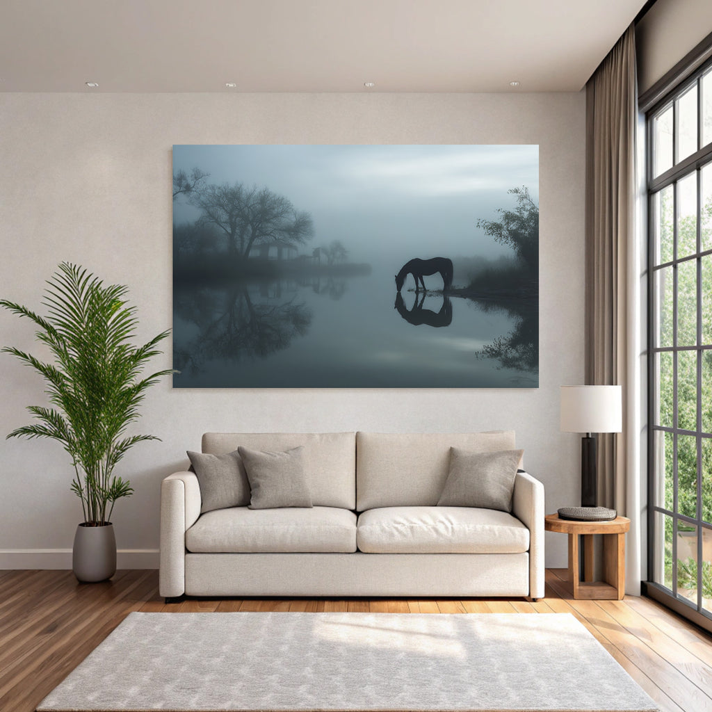 Portrait Ruhige Landschaft Pferd Am Waßer Nebel Und Bäume