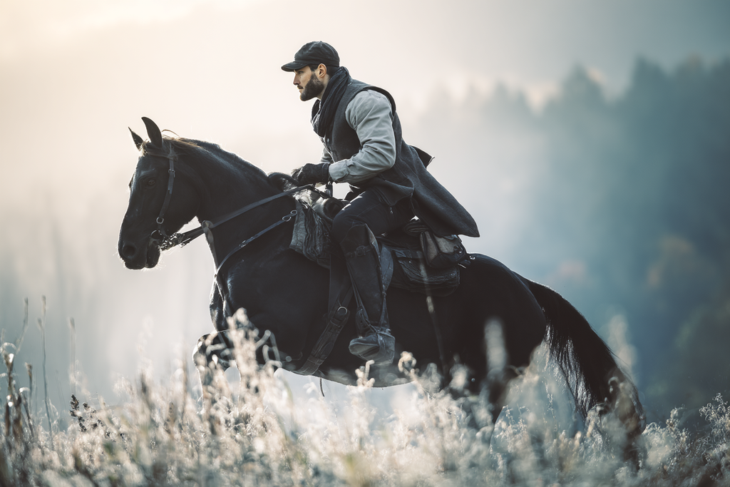 Reitender Mann Auf Schwarzem Pferd In Nebeliger Landschaft | Fotografie | Kunstgattungen