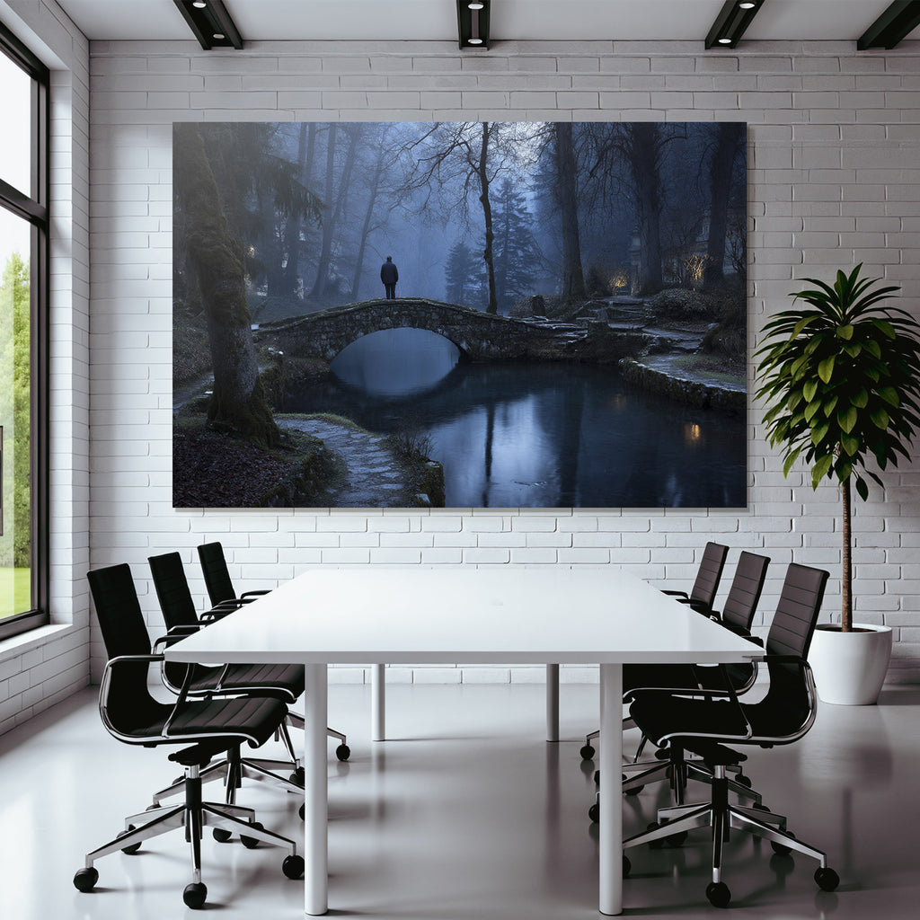 Ruhige Landschaft Person Brücke Waßer Bäume Nebel