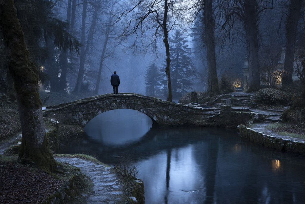 Ruhige Landschaft Person Brücke Waßer Bäume Nebel | Fotografie | Kunstgattungen