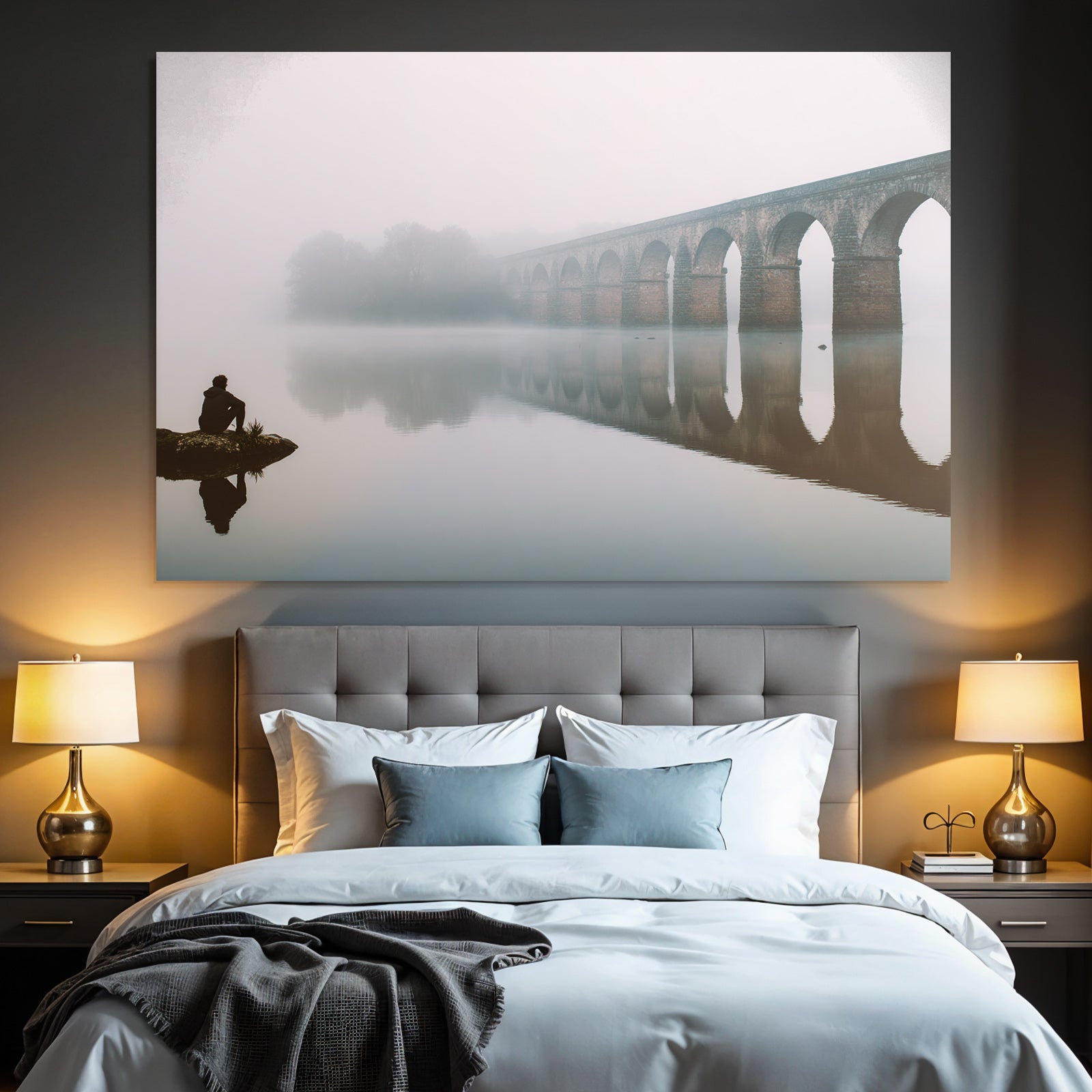 Ruhige Szene Mensch Stein Nebel Brücke Reflexion Waßer
