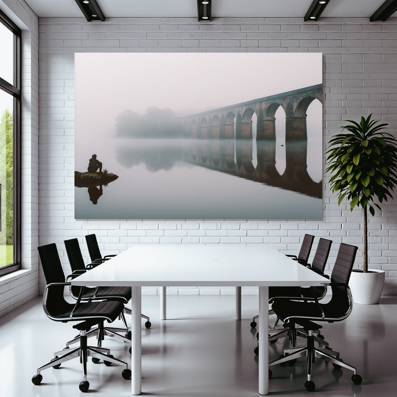Ruhige Szene Mensch Stein Nebel Brücke Reflexion Waßer