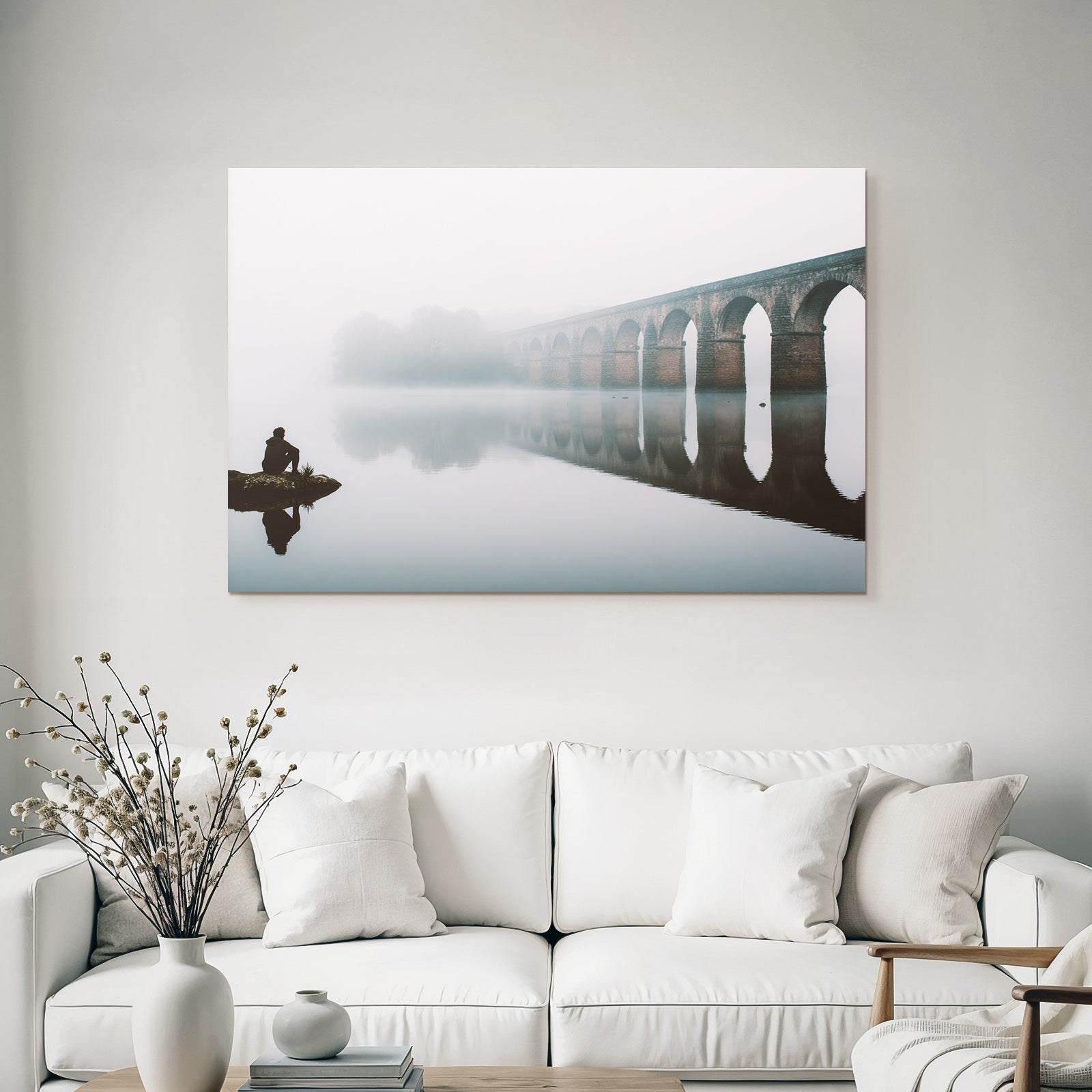Ruhige Szene Mensch Stein Nebel Brücke Reflexion Waßer
