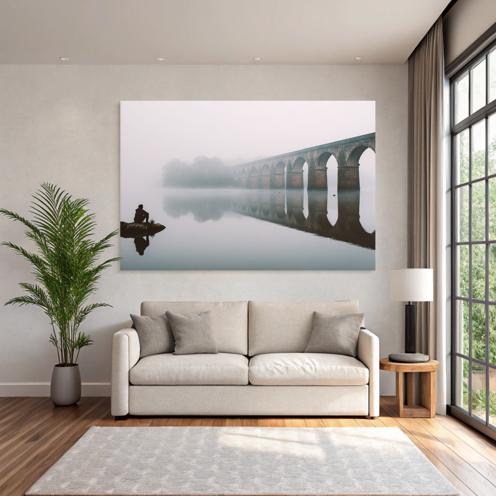 Ruhige Szene Mensch Stein Nebel Brücke Reflexion Waßer