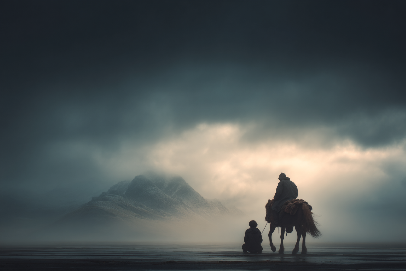 Ruhige Szenen Mit Reiter Und Figuren Im Nebeligen Gebirgen | Fotografie | Kunstgattungen