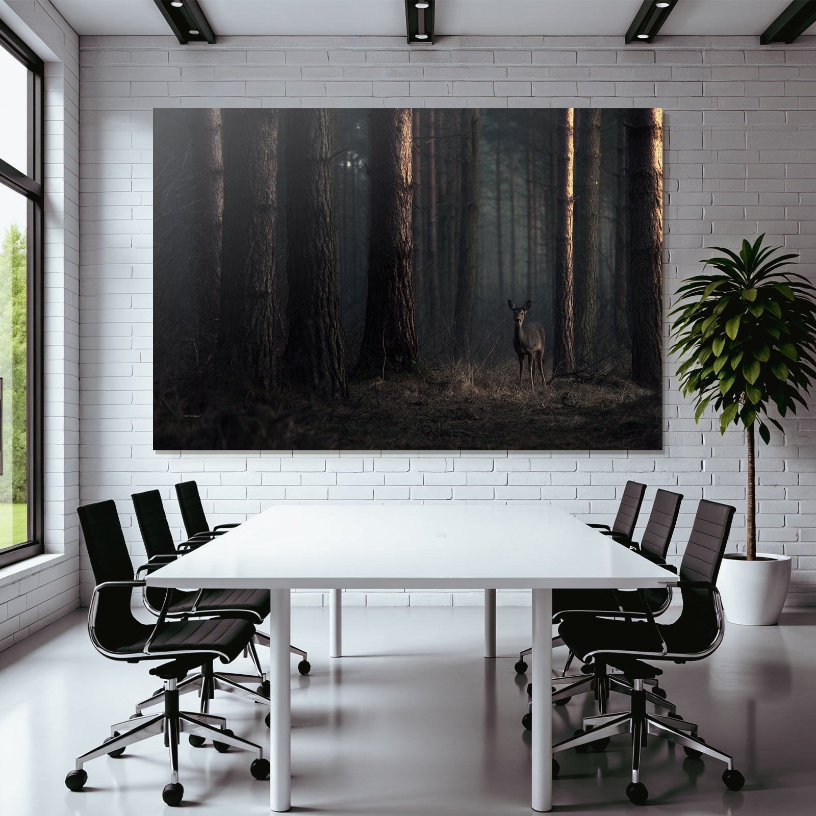 Ruhiger Wald Mit Einem Hirsch Im Dunkeln
