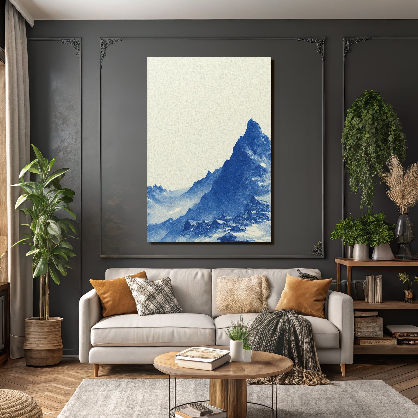 Beruhigende Gebirgslandschaft Mit Dorf In Blau