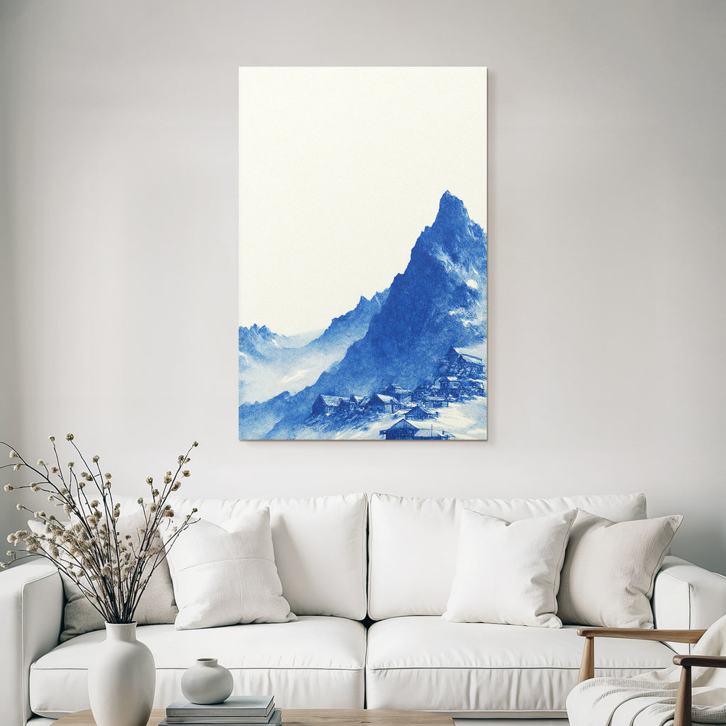 Beruhigende Gebirgslandschaft Mit Dorf In Blau