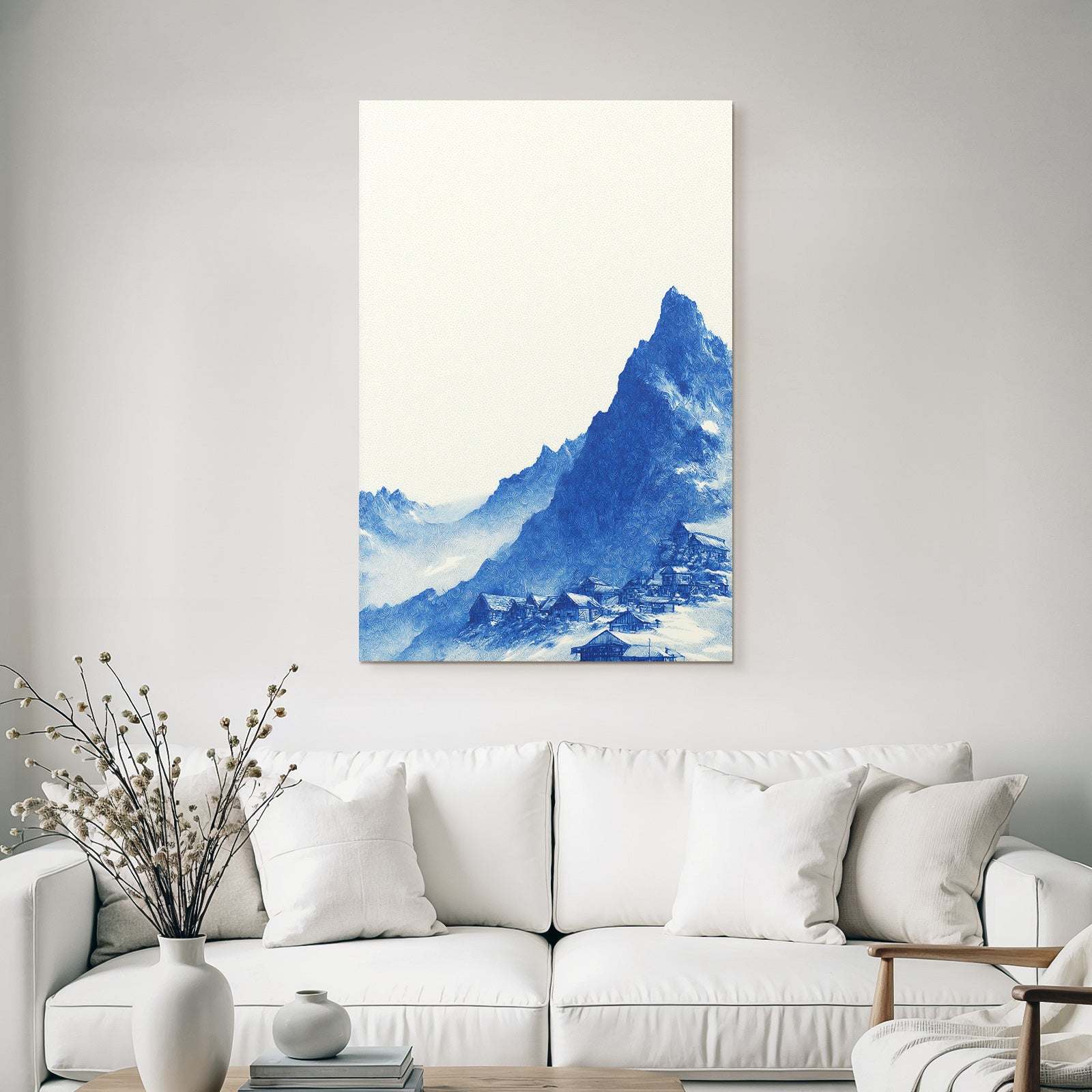 Beruhigende Gebirgslandschaft Mit Dorf In Blau