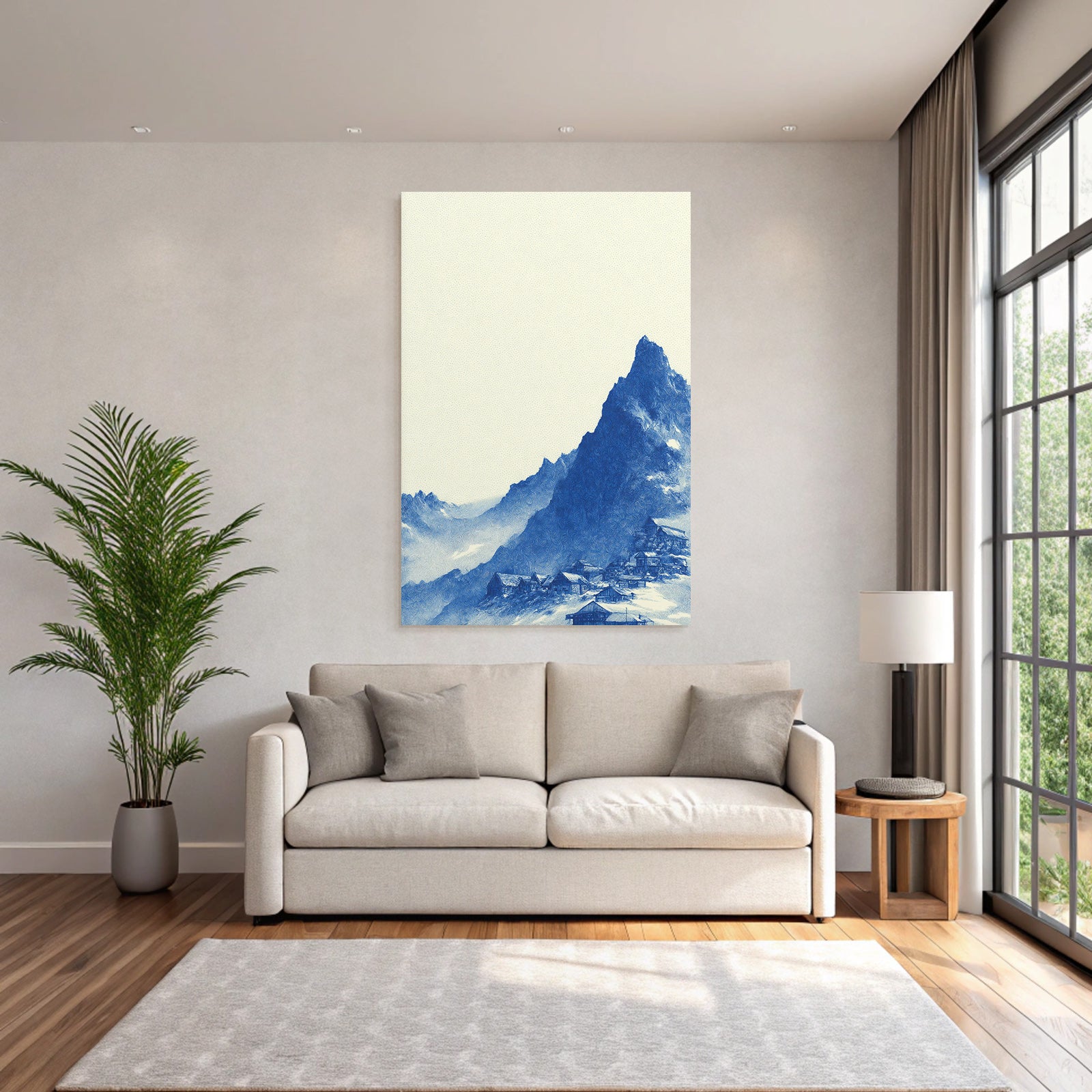 Beruhigende Gebirgslandschaft Mit Dorf In Blau