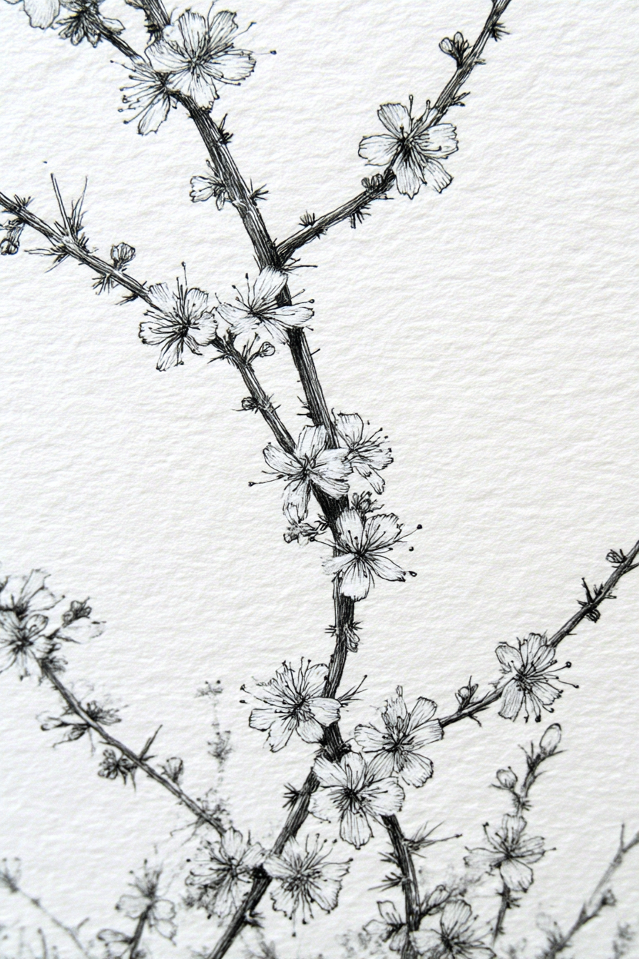 Blütenzweige Detailierte Zeichnung Beruhigende Botanische Kunst | Illustration und Zeichnung | Kunstgattungen