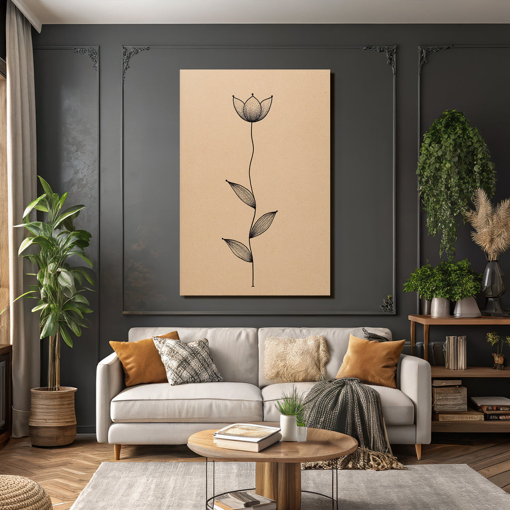 Blume Mit Langem Stiel Und Blatter Minimalistisch Tan Hintergrund