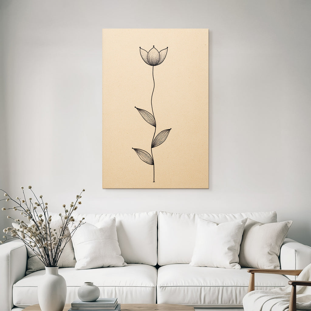 Blume Mit Langem Stiel Und Blatter Minimalistisch Tan Hintergrund