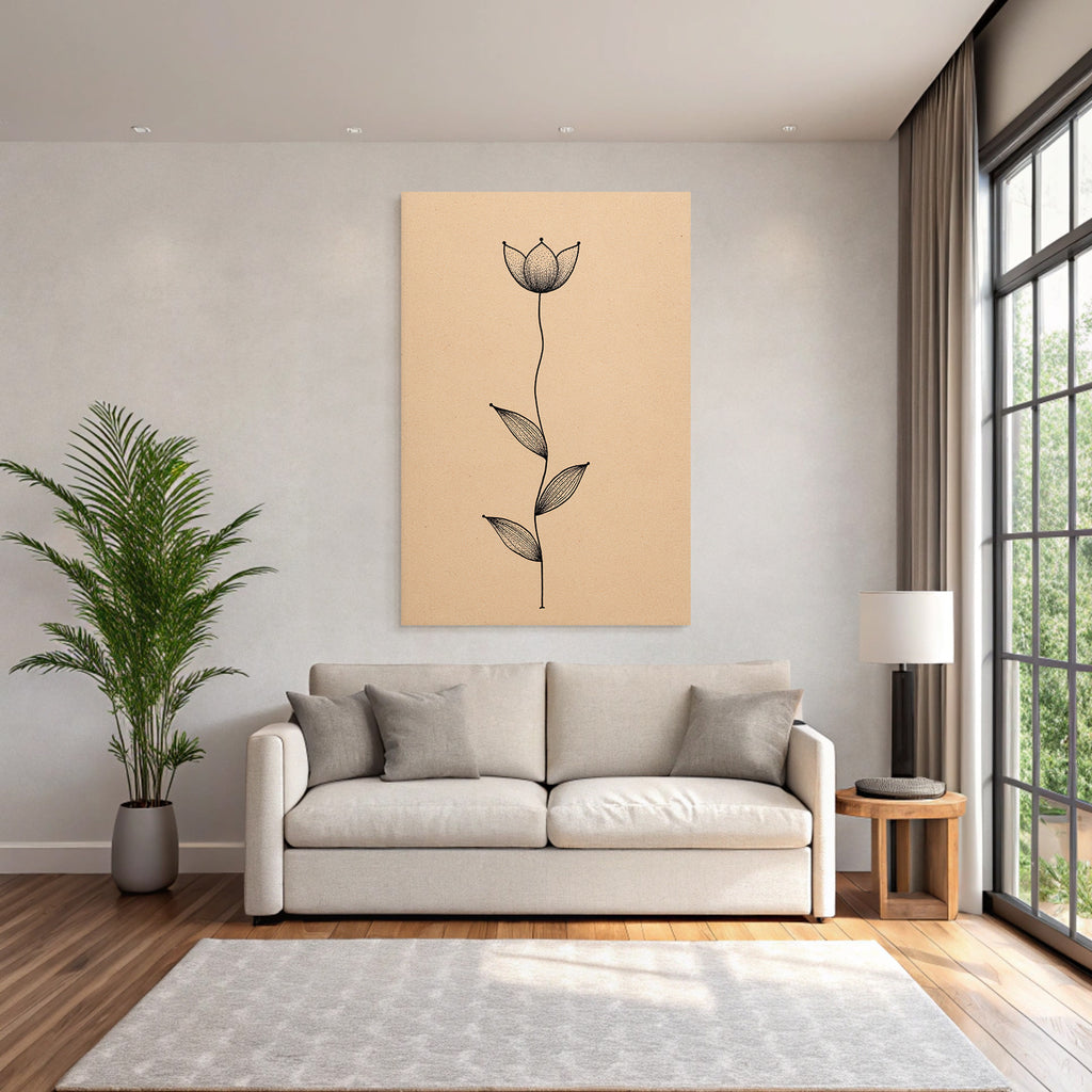 Blume Mit Langem Stiel Und Blatter Minimalistisch Tan Hintergrund