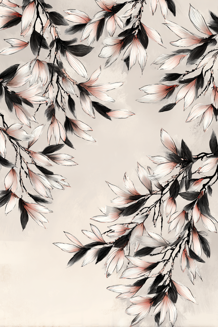 Blumige Zweige Mit Weißen Und Hellrosa Blättern Auf Neutralem Hintergrund | Illustration und Zeichnung | Kunstgattungen