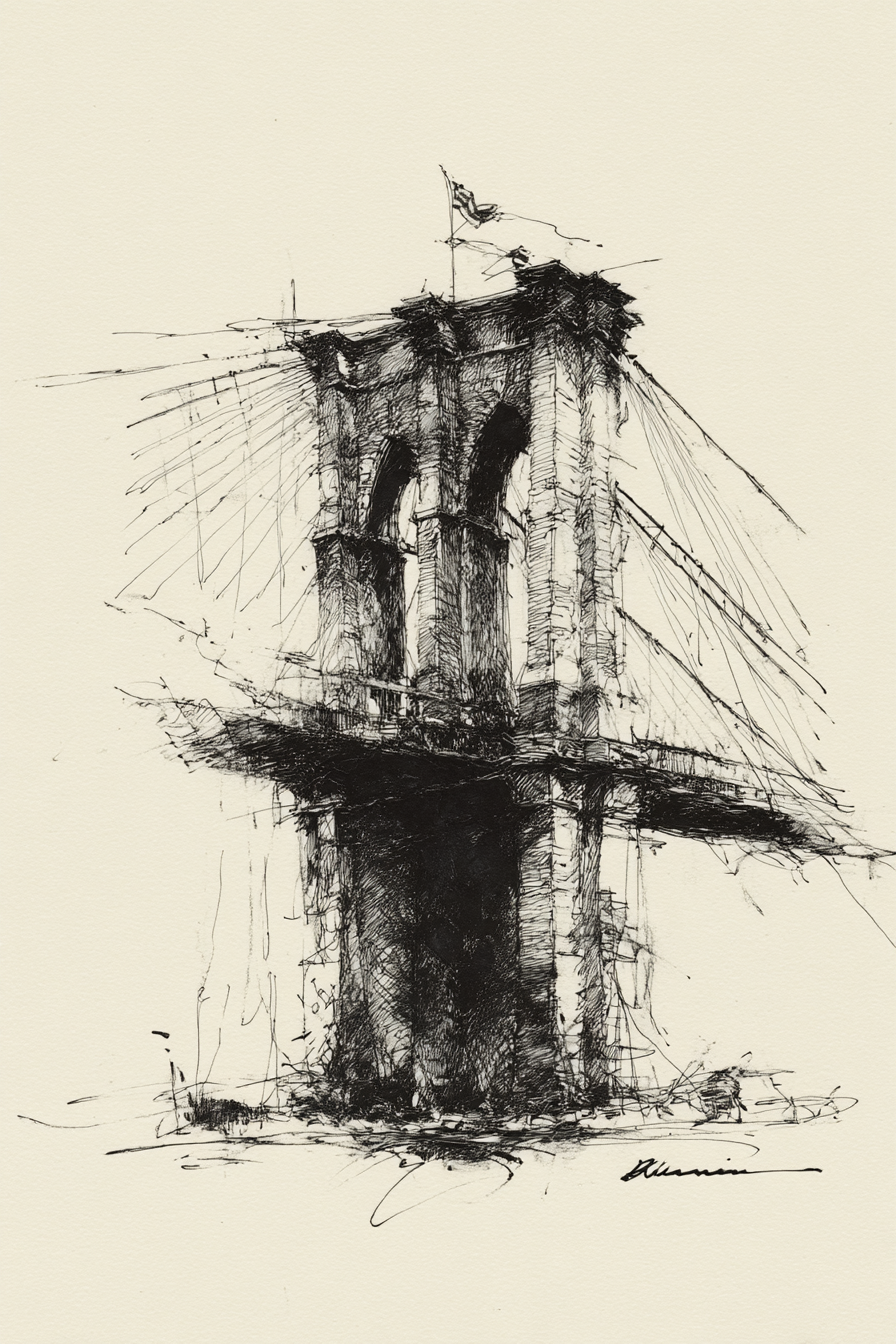 Brooklyn Brücke Skizze Minimalistisch In Der Tinte | Illustration und Zeichnung | Kunstgattungen