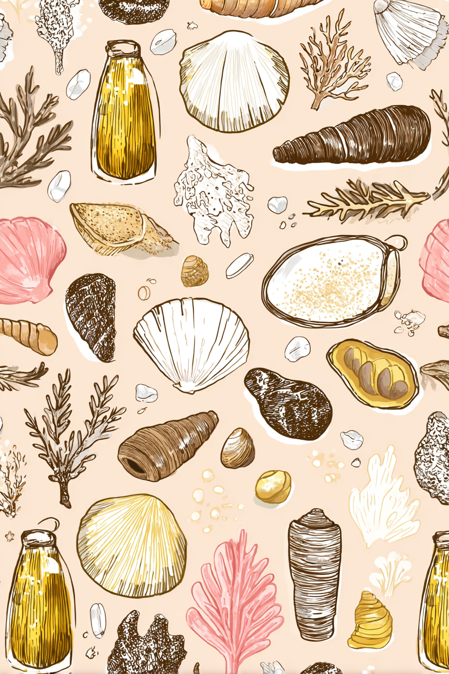 Bunte Meeres Elements Schalen Korallen Seegras Hintergrund | Illustration und Zeichnung | Kunstgattungen
