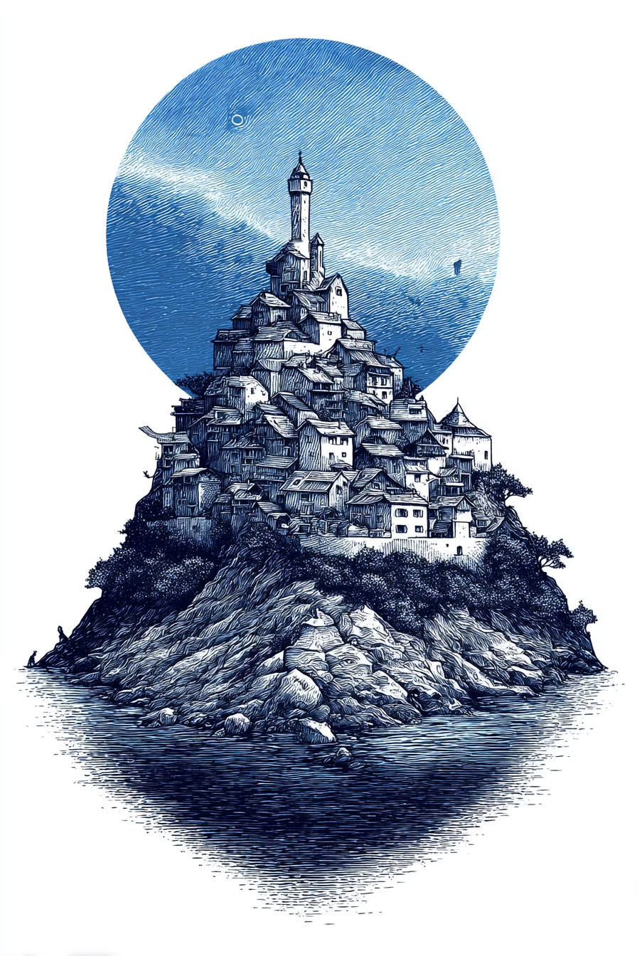 Fantastische Küste Mit Leuchtturm Und Häusern | Illustration und Zeichnung | Kunstgattungen