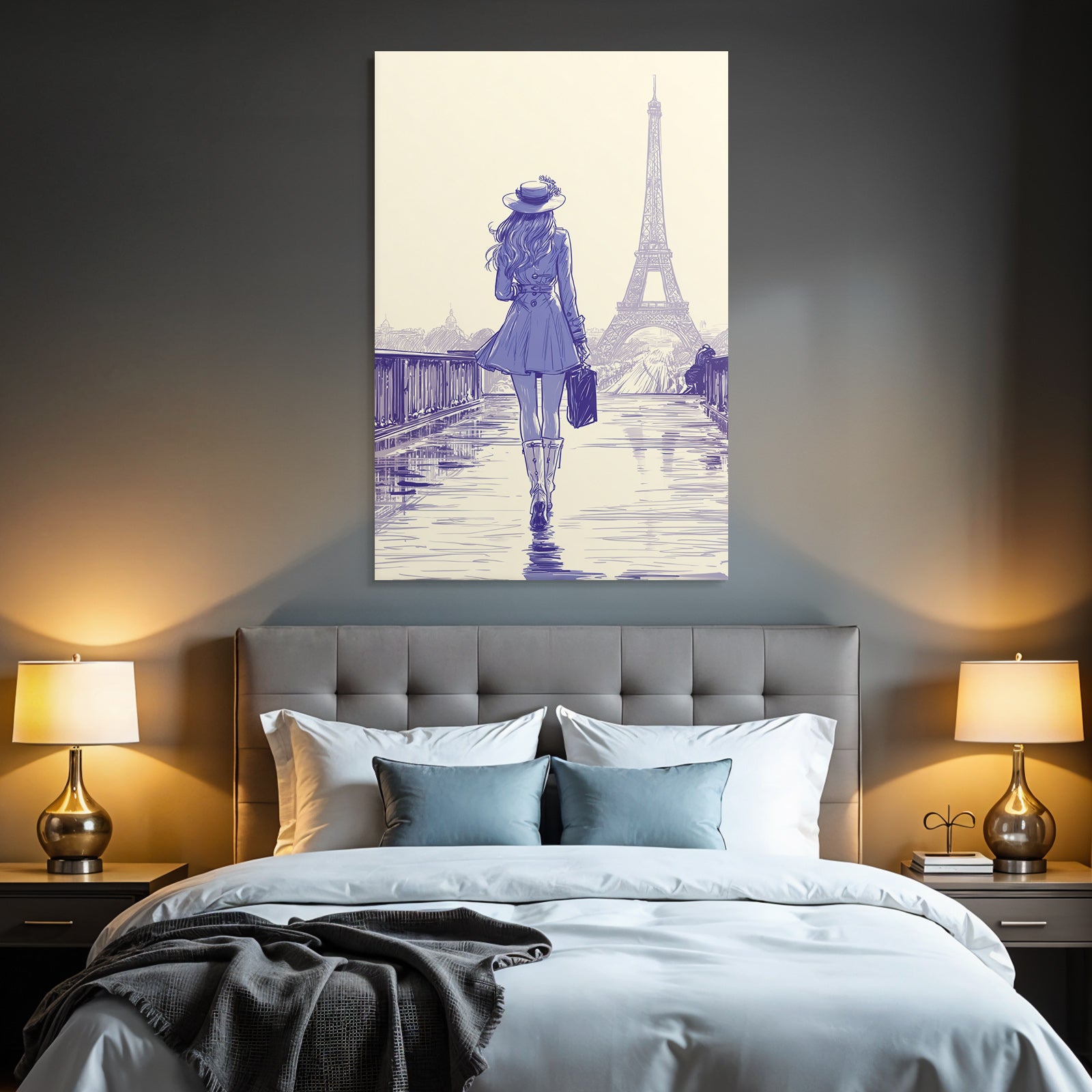 Frau Mit Aktentasche Eiffelturm Paris Skizze