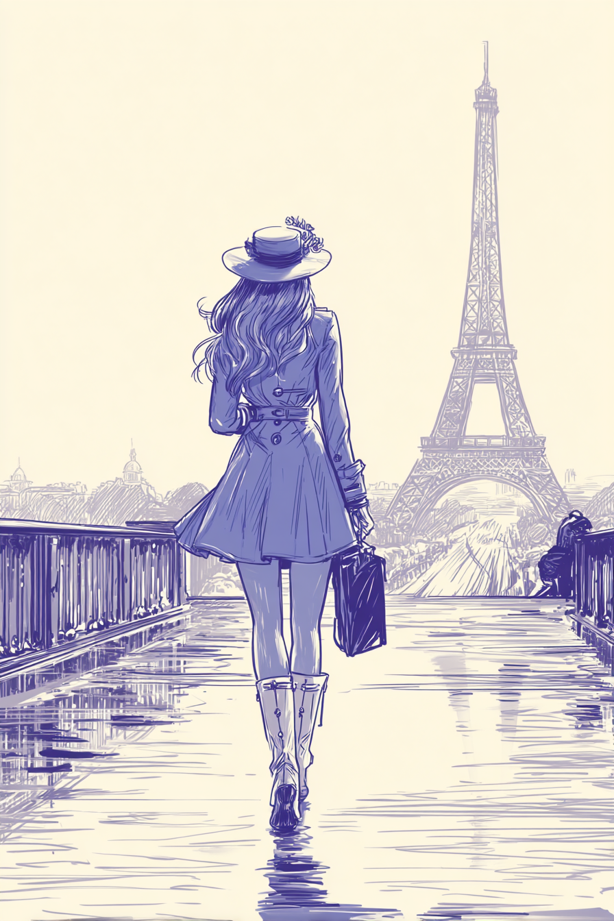 Frau Mit Aktentasche Eiffelturm Paris Skizze | Illustration und Zeichnung | Kunstgattungen