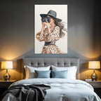 Woman with camera in spotted dress with wide hat watercolor style
