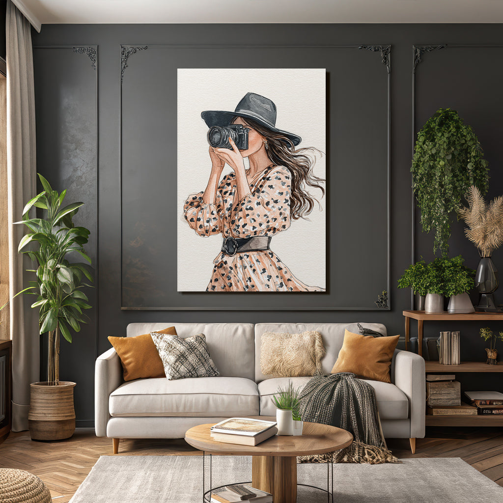 Woman with camera in spotted dress with wide hat watercolor style