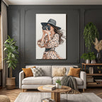 Woman with camera in spotted dress with wide hat watercolor style