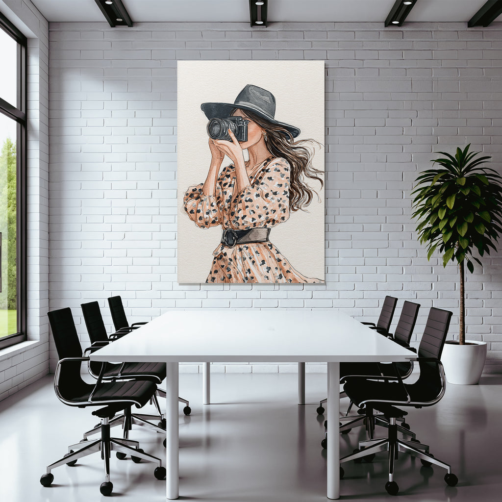 Woman with camera in spotted dress with wide hat watercolor style