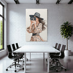 Woman with camera in spotted dress with wide hat watercolor style