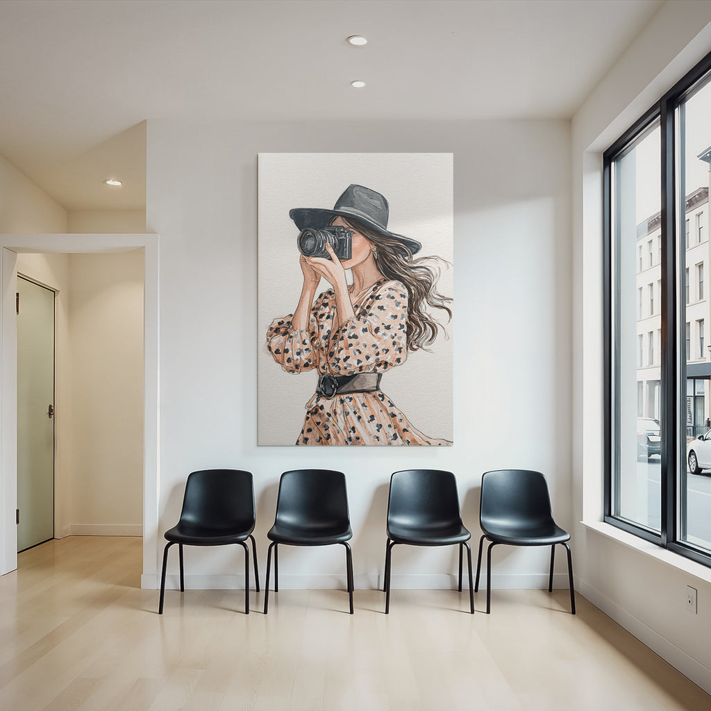 Woman with camera in spotted dress with wide hat watercolor style