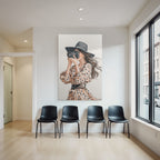 Woman with camera in spotted dress with wide hat watercolor style