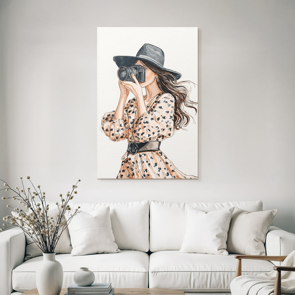 Woman with camera in spotted dress with wide hat watercolor style