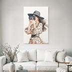 Woman with camera in spotted dress with wide hat watercolor style